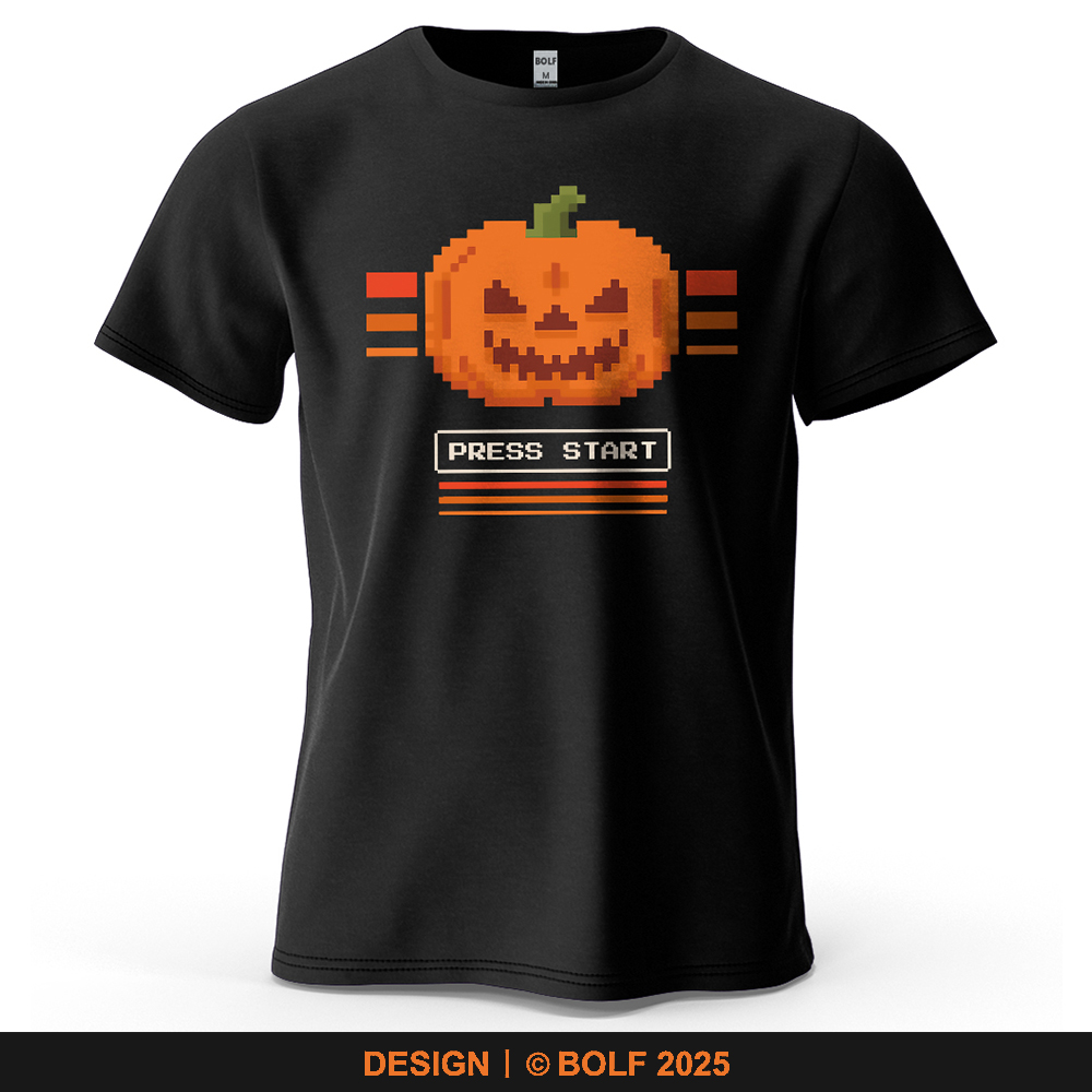 Retro Gaming Event - เสื้อยืดพิมพ์ลายฟักทองฮาโลวีนสำหรับผู้ชาย ผ้าฝ้าย 100% ทรงโอเวอร์ไซส์ สไตล์เรโทร เหมาะสำหรับงานเกมมิ่ง