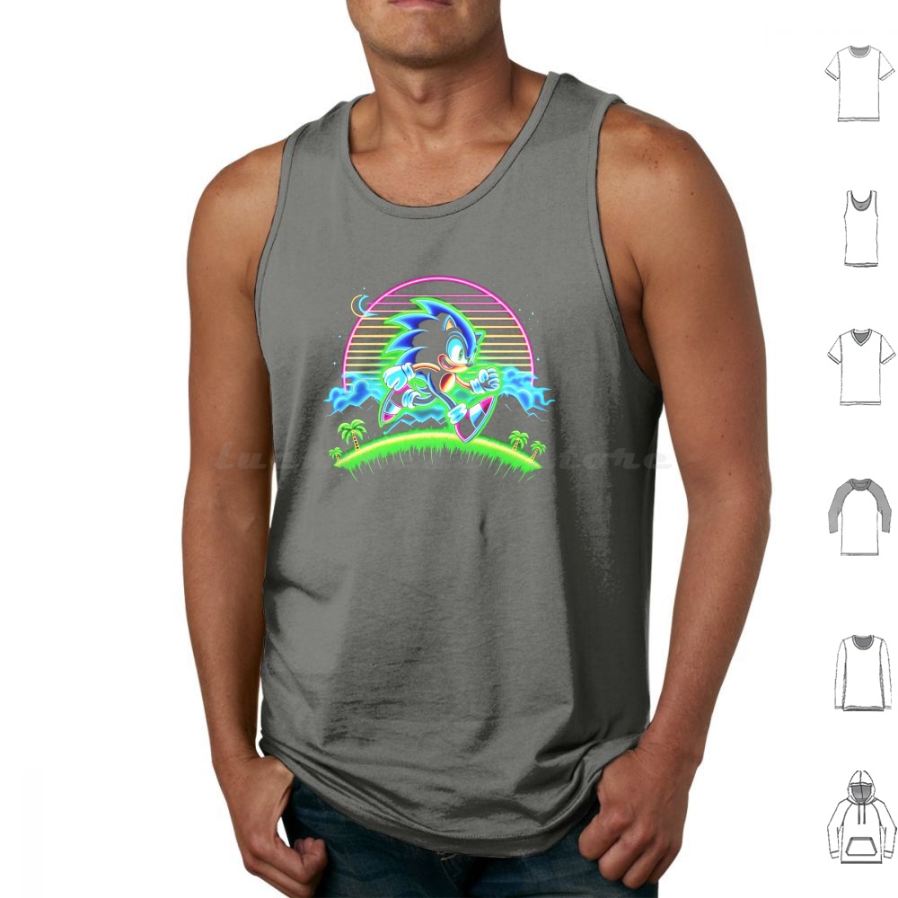 Retro Gaming Icons - เสื้อกล้ามนีออนพิมพ์ลายผ้าฝ้าย The Hedgehog วิดีโอเกมยุค 90 บลูเบิร์ร์