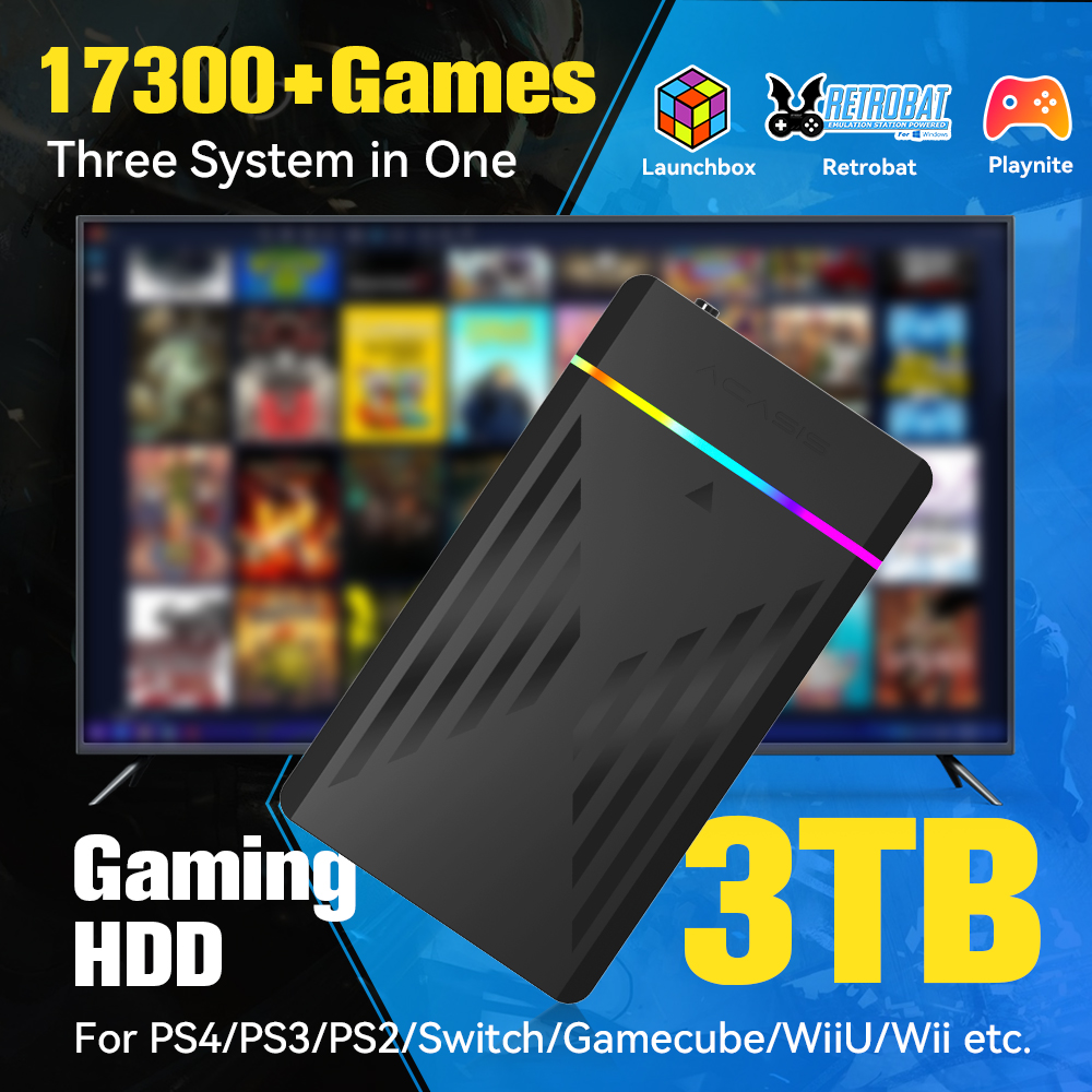 Retro Gaming Play Zone - 3TB แบบพกพา HDD LaunchBox/Retrobat/Playnite คอนโซลเกม Retro